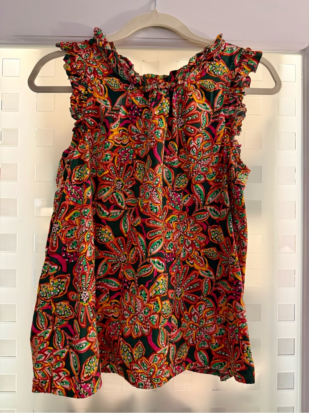 J. Crew Ruffled Sleeveless Tank in Vibrant Floral Print - Pink, Green, Yellow